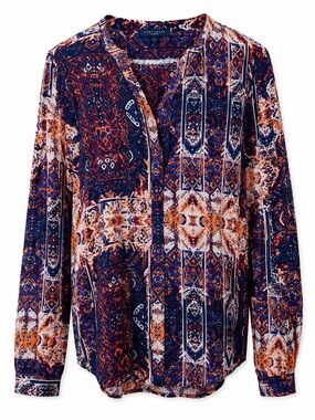 Sanctuary Geometric Button Down Blouse | Multicolor Roll Tab Sleeve | L